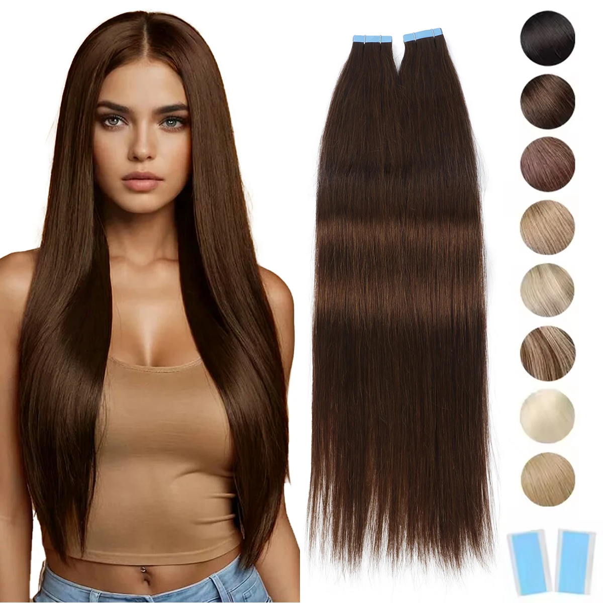 Tape in Human Hair Extensions Brown Seamless Tape in Hair Extensions Skin Weft PU Tape On Hair 12'-24' Machine Remy Tape Ins