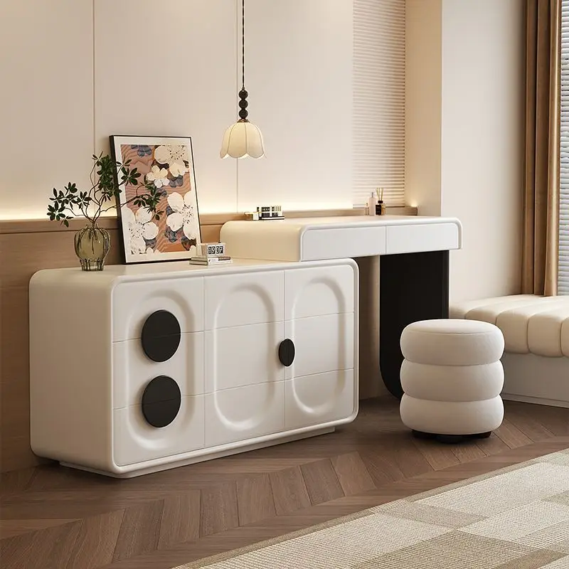 プレミアム寝室用シンプルモダン無垢材クリームスタイル化粧台一体型ドレッサーチェスト