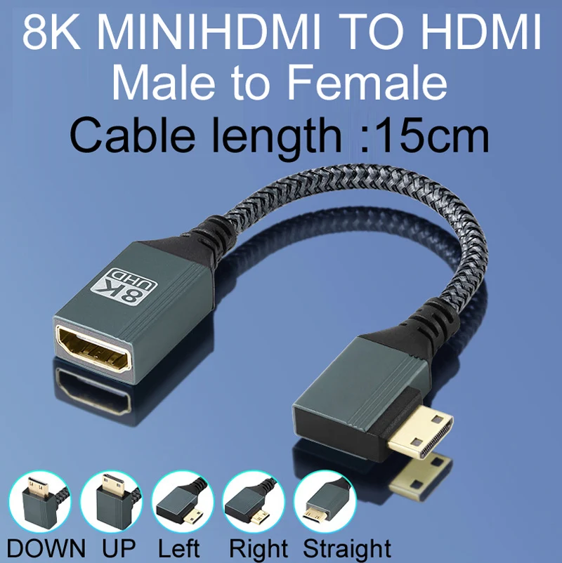 15CM Nylon Braid 8K/60Hz/122Hz MINIHDMI MINI HDMI Male To Female HDMI-Compatible Adapter Straight/left/right/up/down Angle Cable
