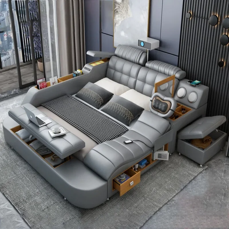 

Multifunctional intelligent massage tatami bed, leather bed, modern simple projector, master bedroom 1.8 meters double bed