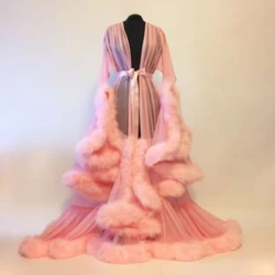 Women's Long Sleeve Plush Robe Luxury Kimono Coquette See-through Maxi Babydoll Dress