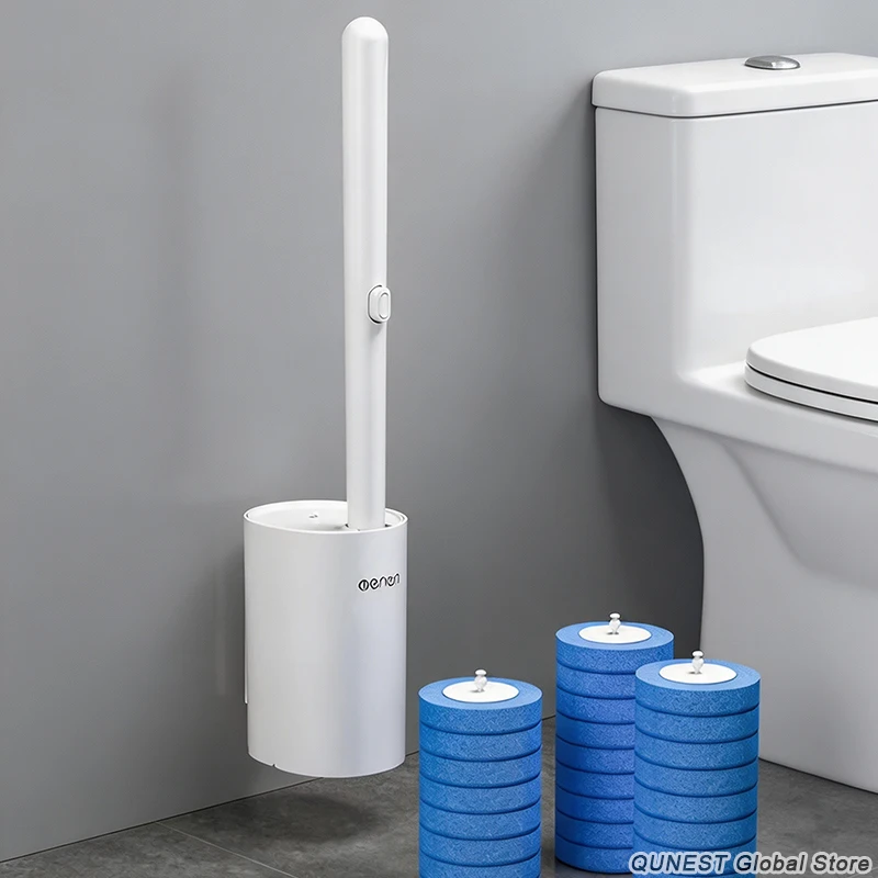 Disposable Wall Mounted Toilet Brush Cleaning Accessories Extended Handle Design With Spare Replacement Heads For WC Bathroom