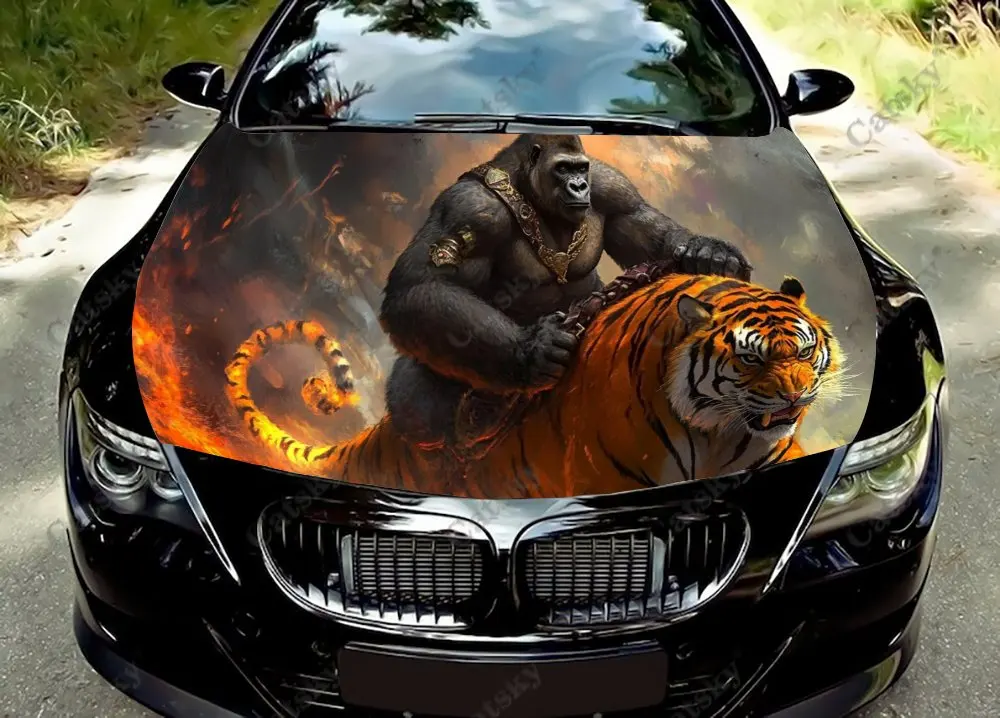 Chimpanzees Riding Tigers Car Hood Vinyl Sticker Wrap Film Engine Cover Decals Universal Auto Accessories Hood Protective Film