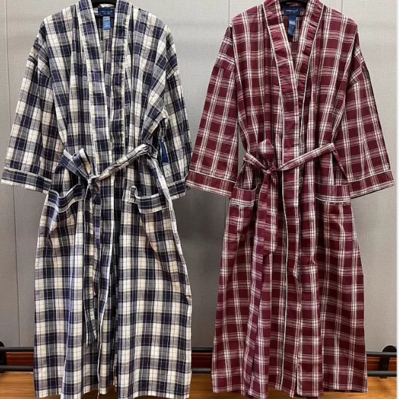 Mens Robes Long sleeves Cotton Pajamas Hanfu Nightgown Plaid Women Pajama Kimono Sleepwear Loose Sleep Robe Couple dressing gown