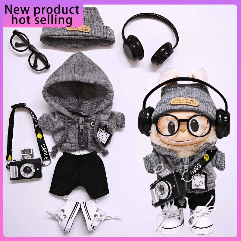 

For Labubu Cloth First Second Generation Super Cool Black Casual Sports Set Dolls Clothes Camera And Hat Dolls Accessories Gifts