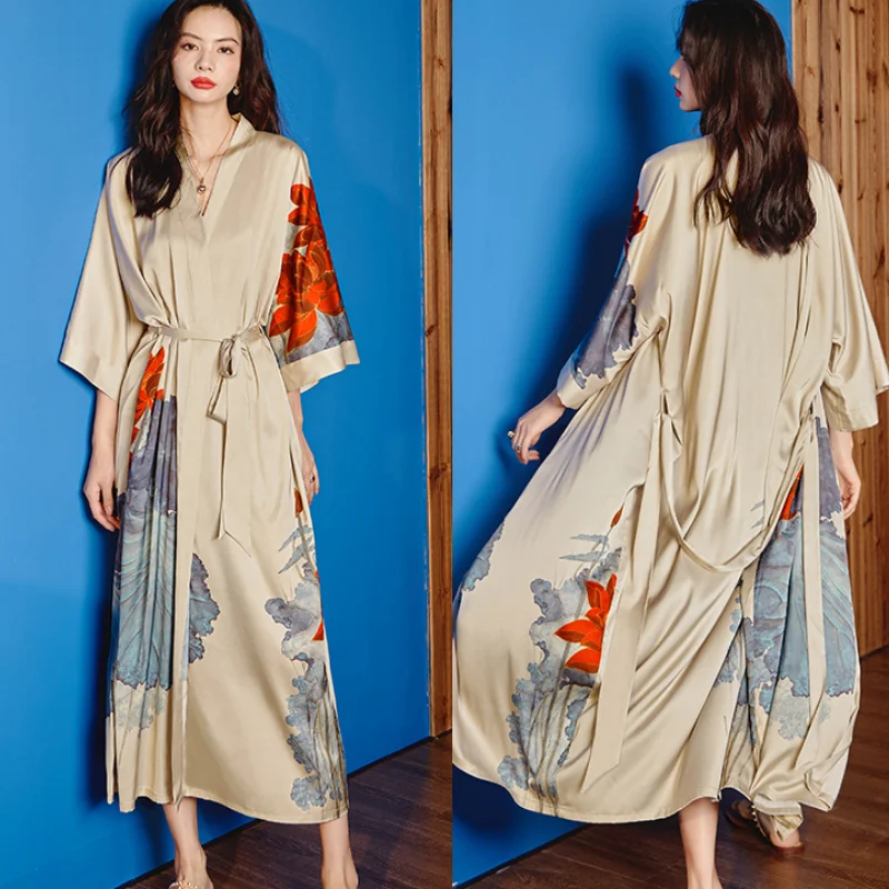 Chinese Style Print Women Long Robe Nightgown Retro Satin Sleepwear Nightdress Half Sleeve Kimono Bathrobe Gown Loose Home Wear