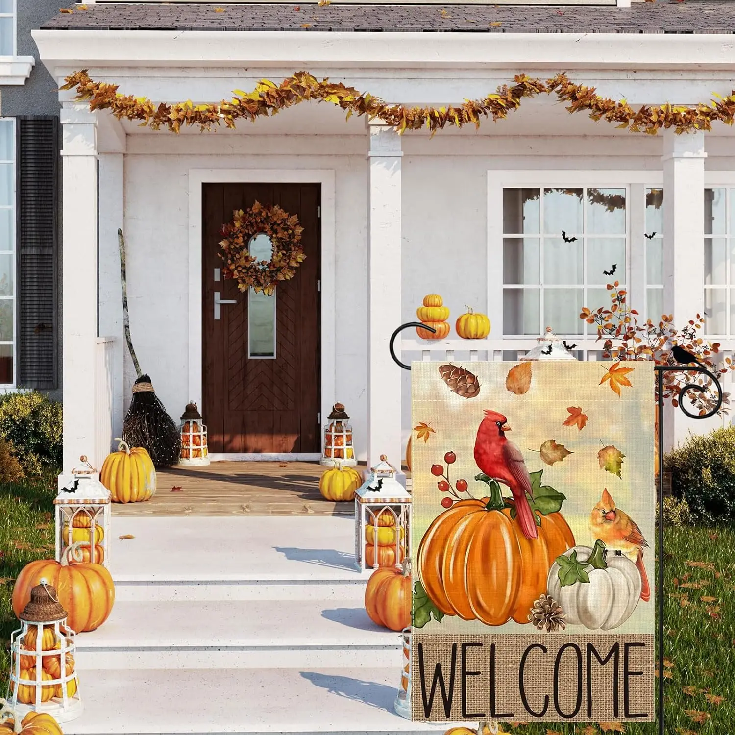 Fall Welcome Watercolor Pumpkins Cardinals Birds Autumn Garden Flag Yard Flag 12x18 Inch Double Sided Small Mini Yard Outdoo zzo