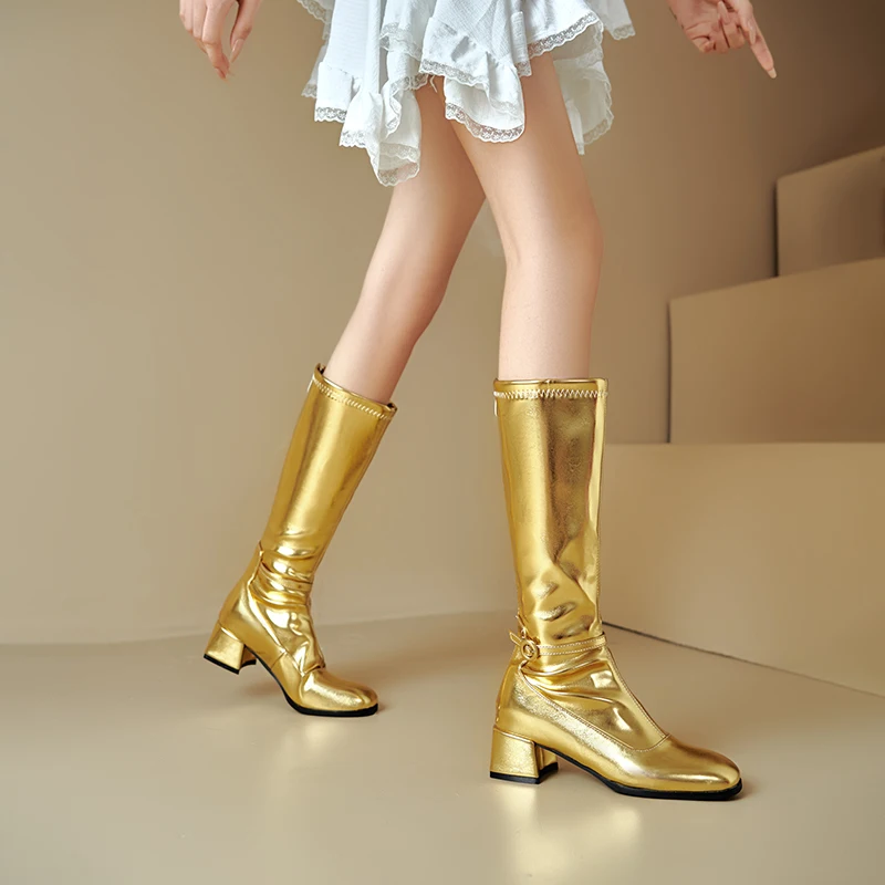 Plus Size Sewing Smooth Silver Upper Thick Heel Side Zipper Knee High Boots Square Toe Precise Style Long Boots