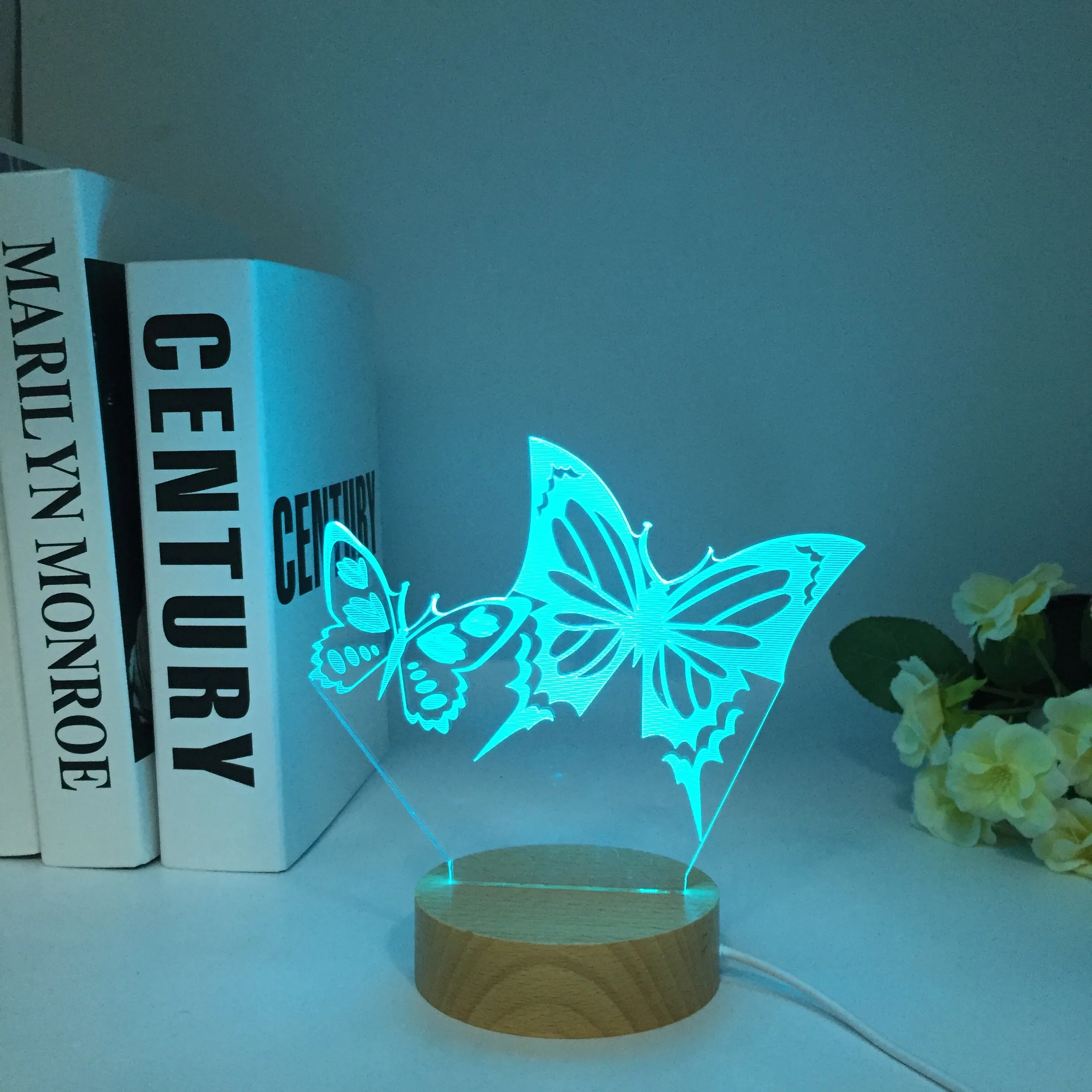 Butterfly 3D Girl Night Light LED Illusion Lamp with Wooden Colors Changing Decoration Birthday GIfts for Baby Boy Dropshipping