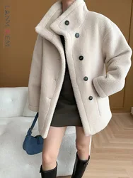 LANMREM Casual Lamb Woolen Coat For Women Stand Collar Single Breasted Pockets Design Loose Coats 2024 Winter New 2Z3051