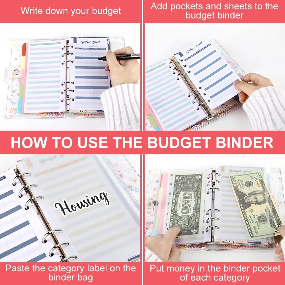 A6 Binder Budget PVC Notebook Cover,Cash Envelopes System Planner Organizer Set, with Binder Pockets, Budget Sheets and Labels