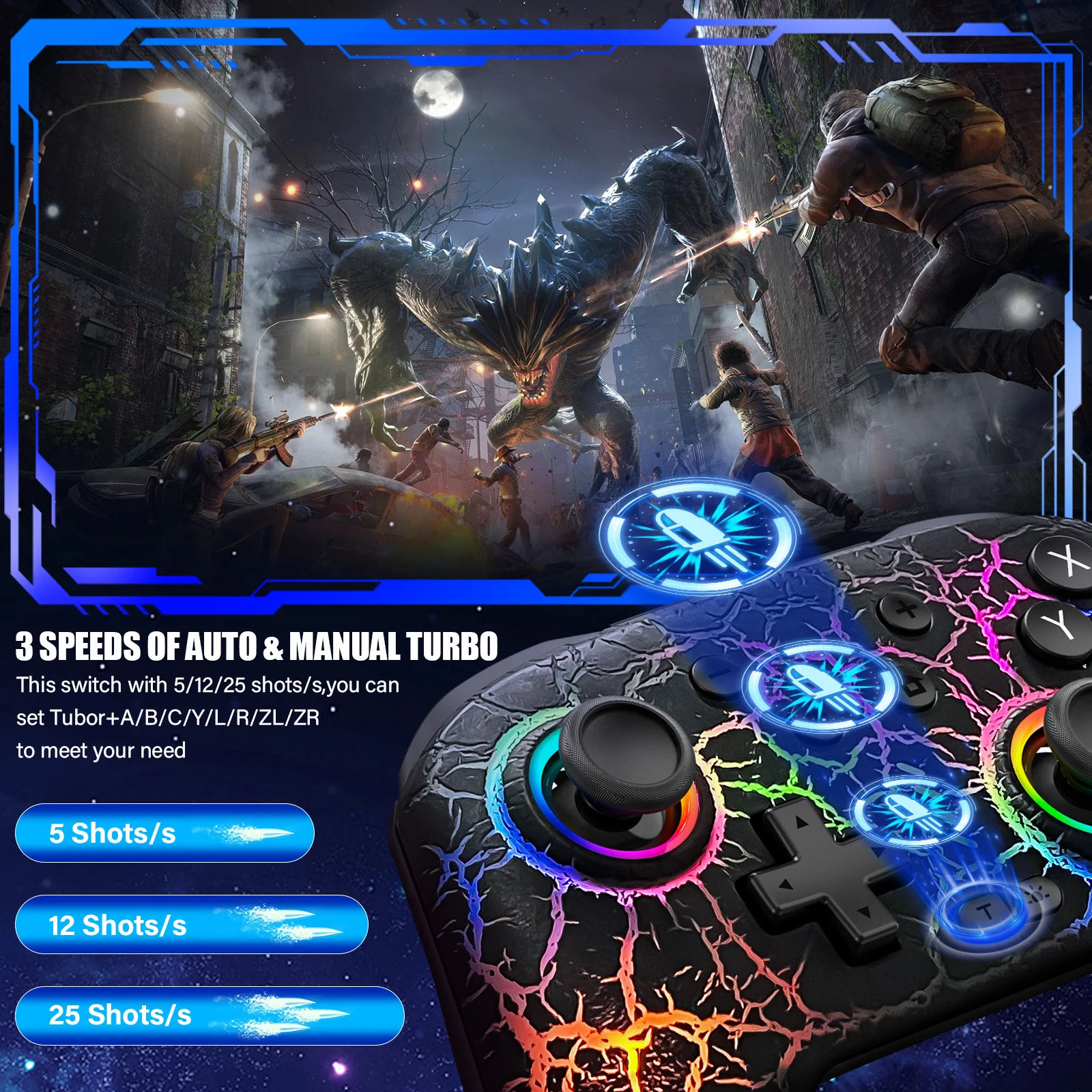 ZRZLMVP Switch وحدة تحكم لاسلكية احترافية للتحكم في الألعاب للتبديل/الكمبيوتر/الويندوز/IOS مع 10 RBG LED، عصا تحكم بوظيفة توربو