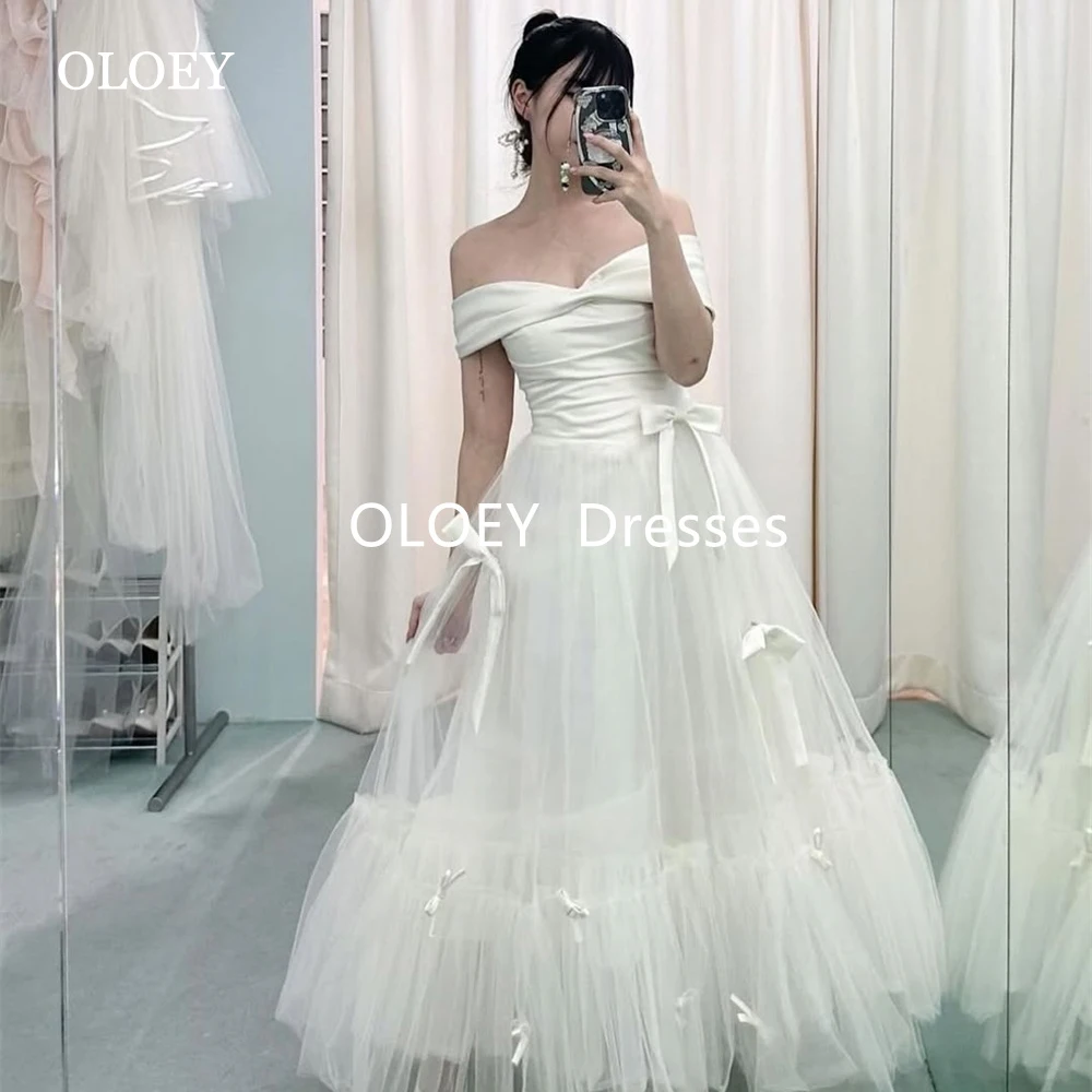 

OLOEY Simple Off Shoulder A Line Wedding Dresses Korea Photoshoot Pleats Detachable Bows Floor Length Bride Gowns Customized