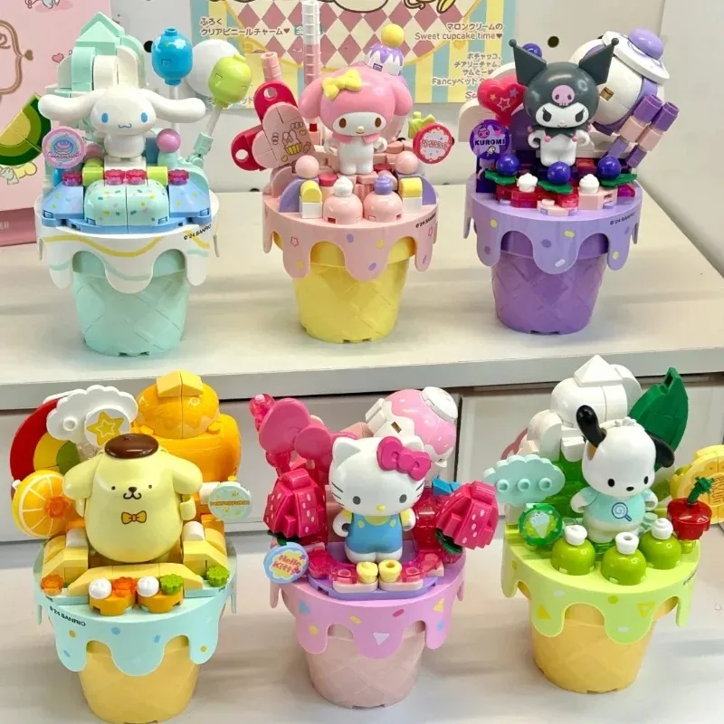 

Новые строительные блоки Keeppley Sanrio Hello Kitty Kuromi Pochacco Cinnamoroll, конус для мороженого, модель игрушки, украшения, подарок