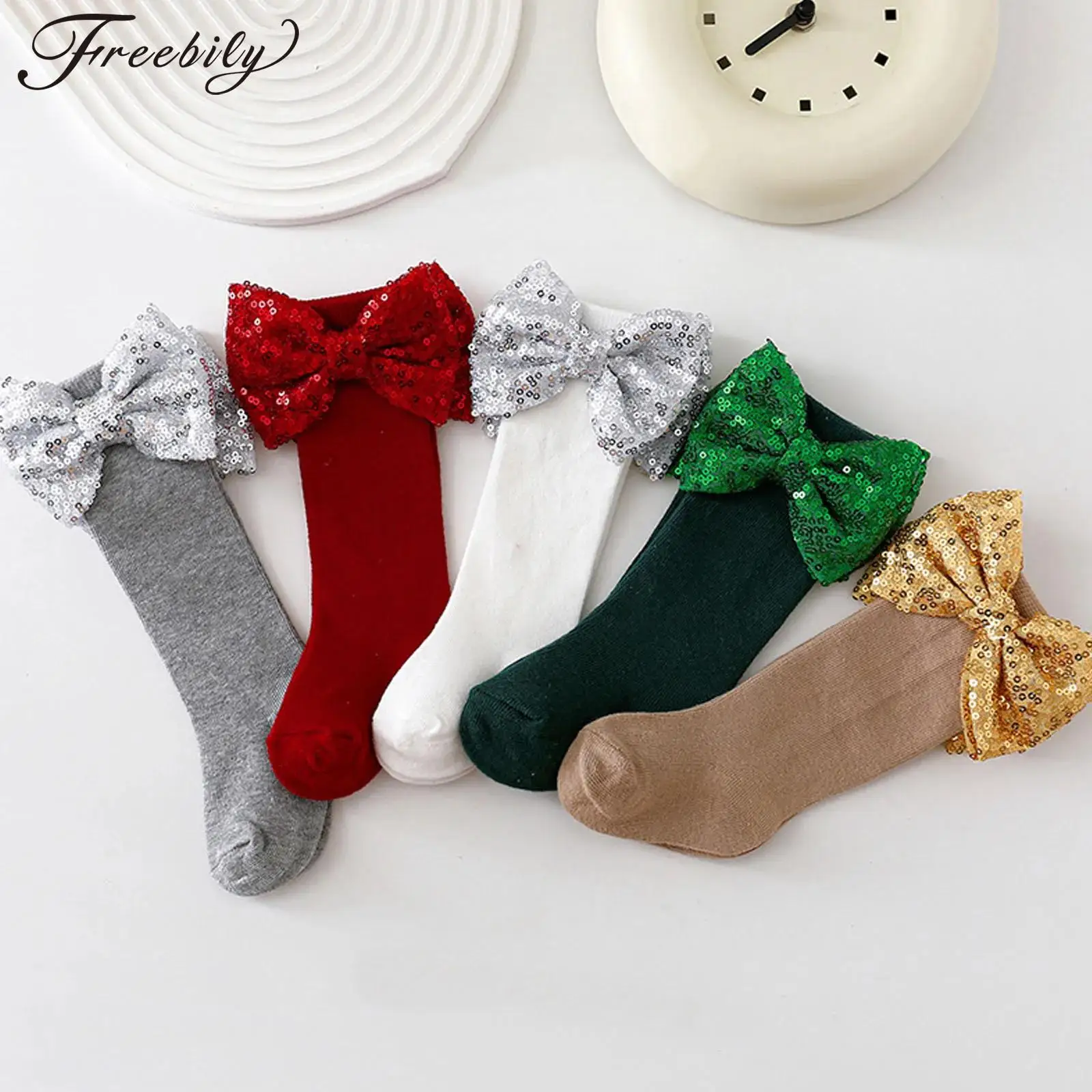 

Toddler Baby Girls Sequin Bow Stockings Autumn Stretchy Over-The-Knee Socks for Christmas Birthday Party Baby Shower Photography