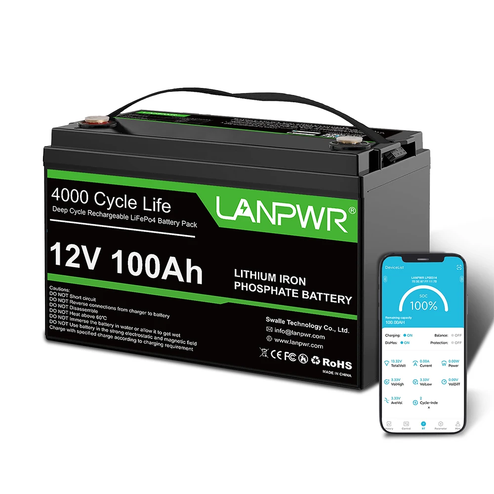 LANPWR 12V 100Ah LiFePO4 lithium battery pack backup power supply, with Bluetooth function, 1280Wh power, 4000+ deep cycle, buil