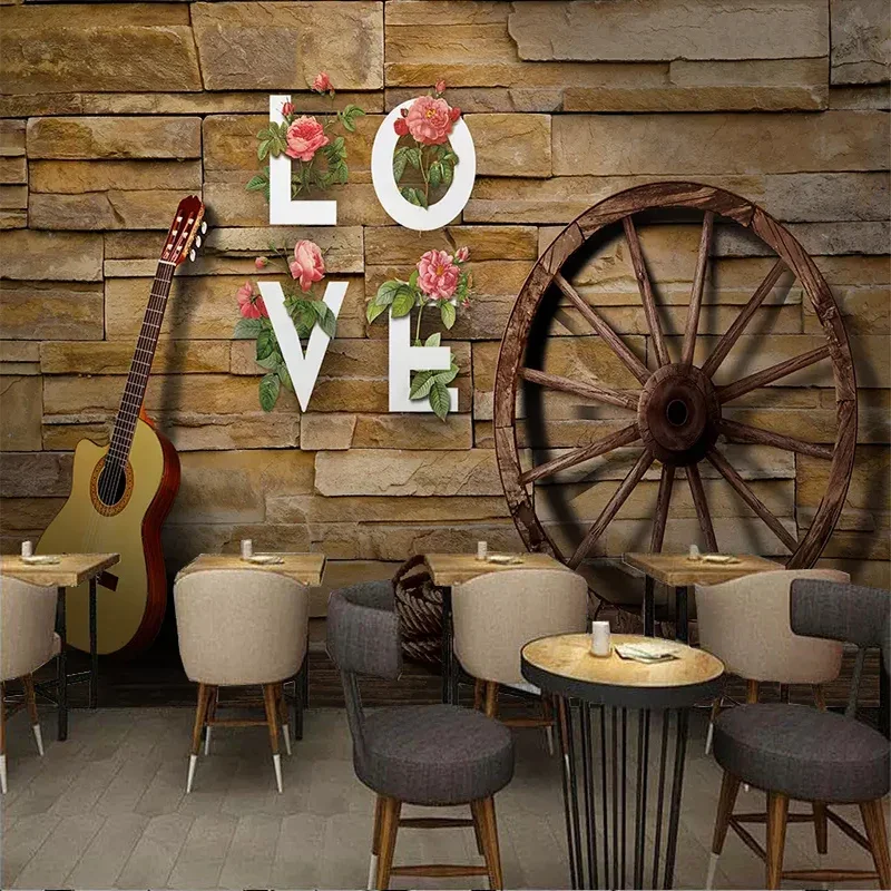 

Custom Any Size Wall Cloth Nostalgic Retro Brick Wall Wheel Guitar 3D Wallpaper Restaurant Cafe Background Wall Decoration Mural