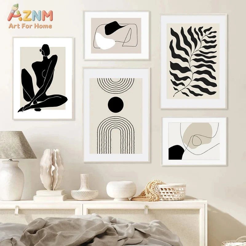 AZNM Unframed Boho Abstract Line Art Canvas Wall Art, Modern Minimalist Black Beige Female Figure Leaf Print, Nordic Aesthetic H