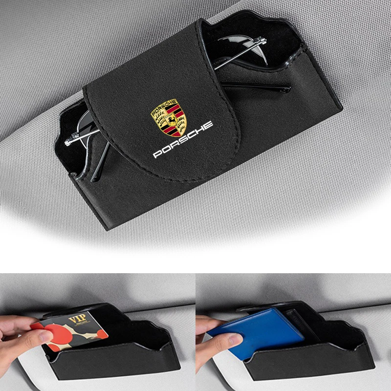 Suede Car Glasses Case Eyeglass Storage Box Clip For Porsche Cayenne Panamera Macan 911 718 Taycan Boxster Cayman-GT Accessories