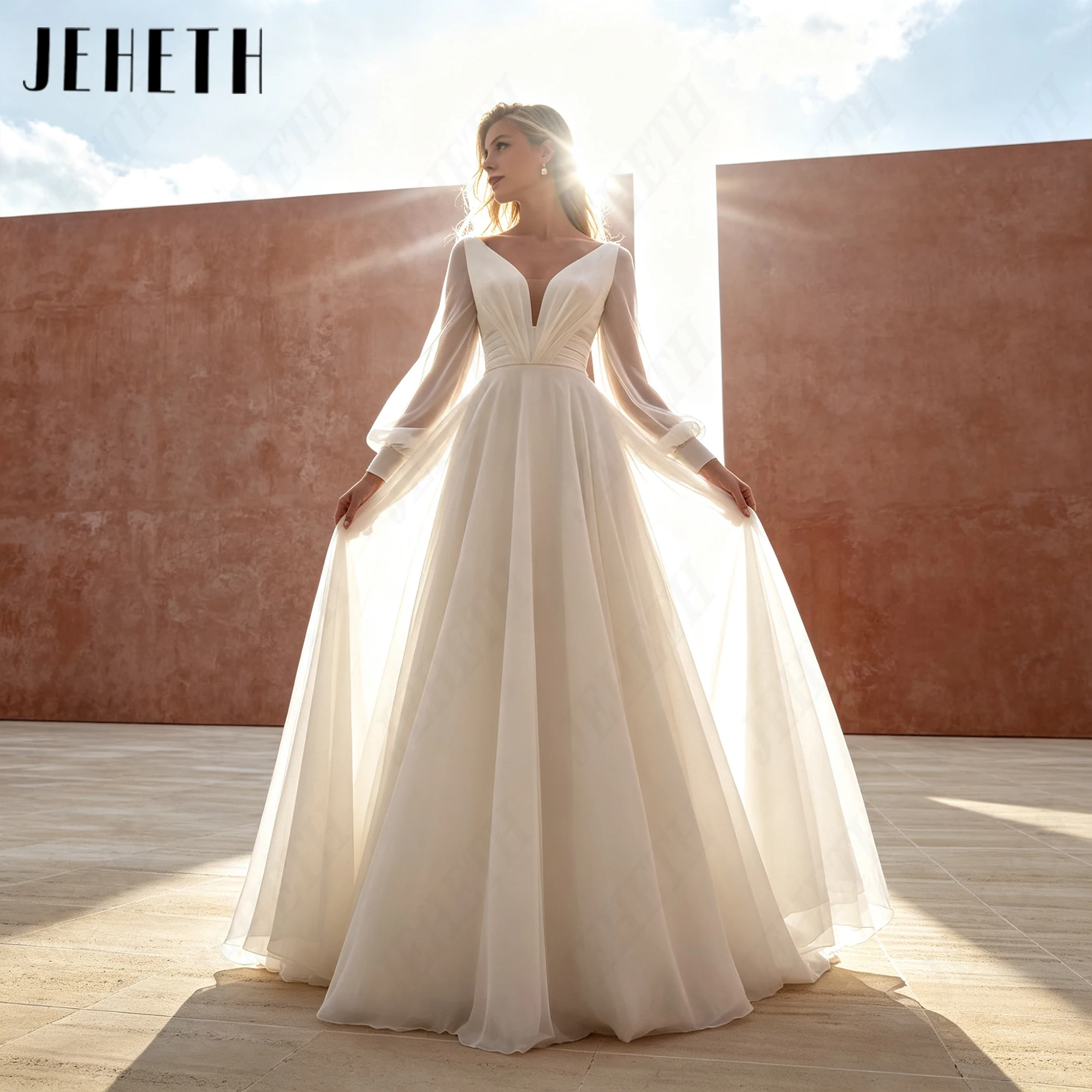 JEHETH Open Back Romantic Beach Wedding Dress Chiffon Long Puff Sleeves Bridal Dresses Customized A Line Deep V-Neck Bride Gown