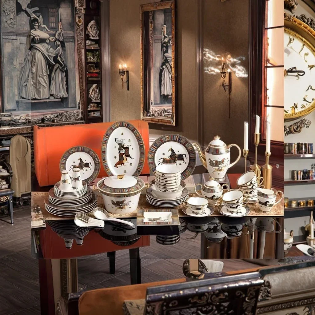 

Wholesale Luxury 58pcs Gold Dinnerware Set for 12 Porcelain Dinnerware Plates Ceramic Horse Home Bone China 58pcs Gold