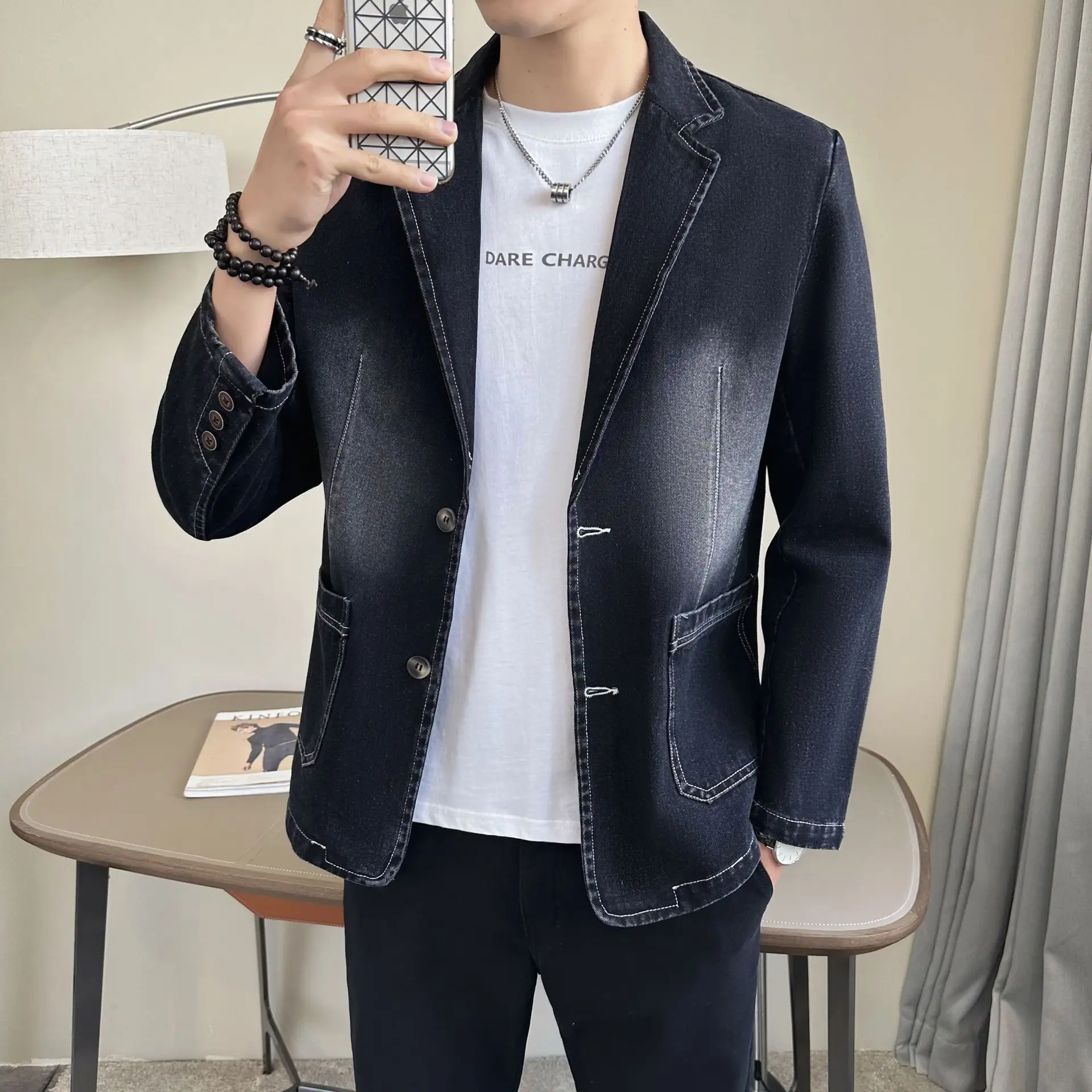 

Новая весенняя повседневная джинсовая куртка-пиджак для мужчин, приталенный крой, большие размеры, мужской пиджак в западном стиле