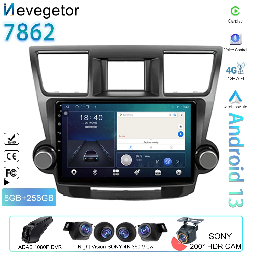 Android Car Video Player For Toyota Highlander 2 XU40 2007 - 2013 Navigation GPS Auto Radio 4G BT Multimedia Stereo No 2din DVD