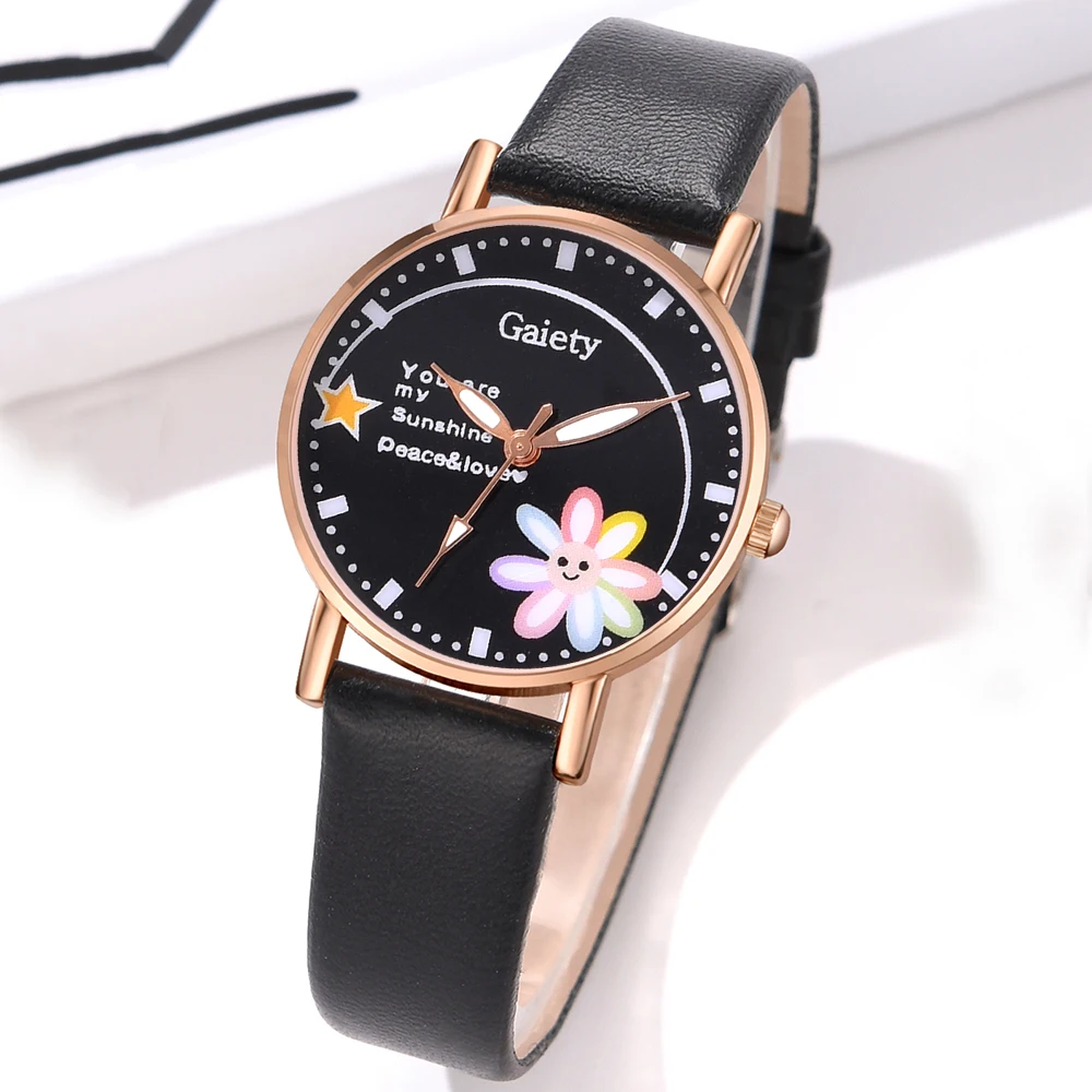 GAIETY Couple Simple Style Flower Element Dial Watch Casual Fashion Quartz Watch Is The Perfect Gift For Her (No Box)