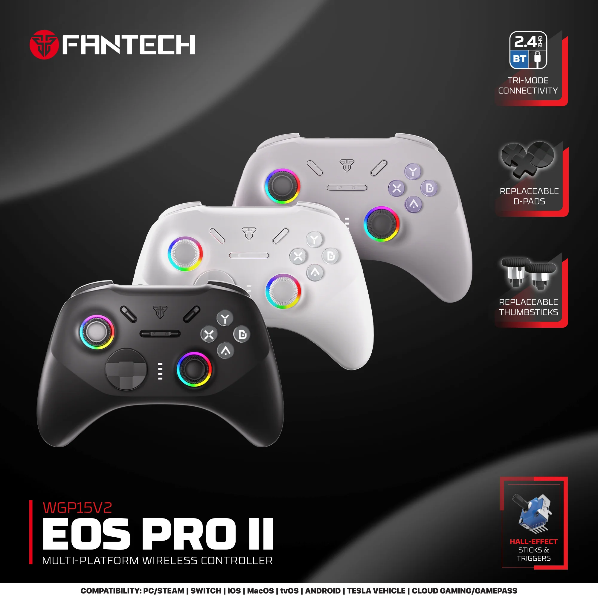 FANTECH WGP15V2 EOS PRO II Wireless Gaming Controller 1000Hz Polling Rate K-Silver Hall-Effect and Trigger Gamepad for PC NS