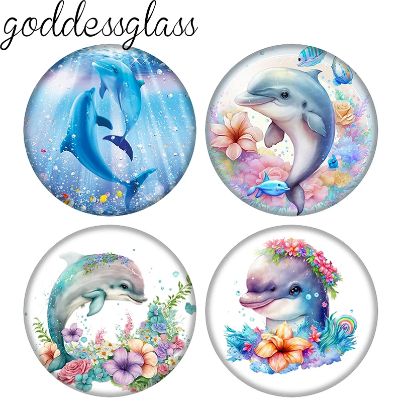 Cartoon dolphin Sea Animals flowers 10pcs 12mm/18mm/20mm/25mm Round photo glass cabochon flat back Necklace Making findings
