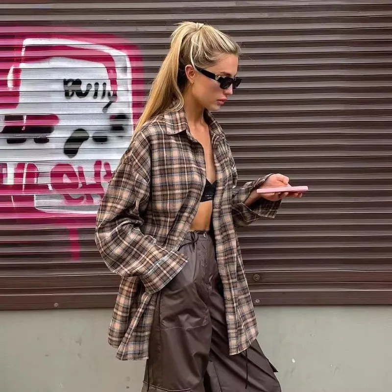 

Casual Plaid Shirt Woman Loose Autumn Winter Lapel Buttons Women's Coat Full Sleeve Cozy Vintage Khaki Tops Female Streetwear