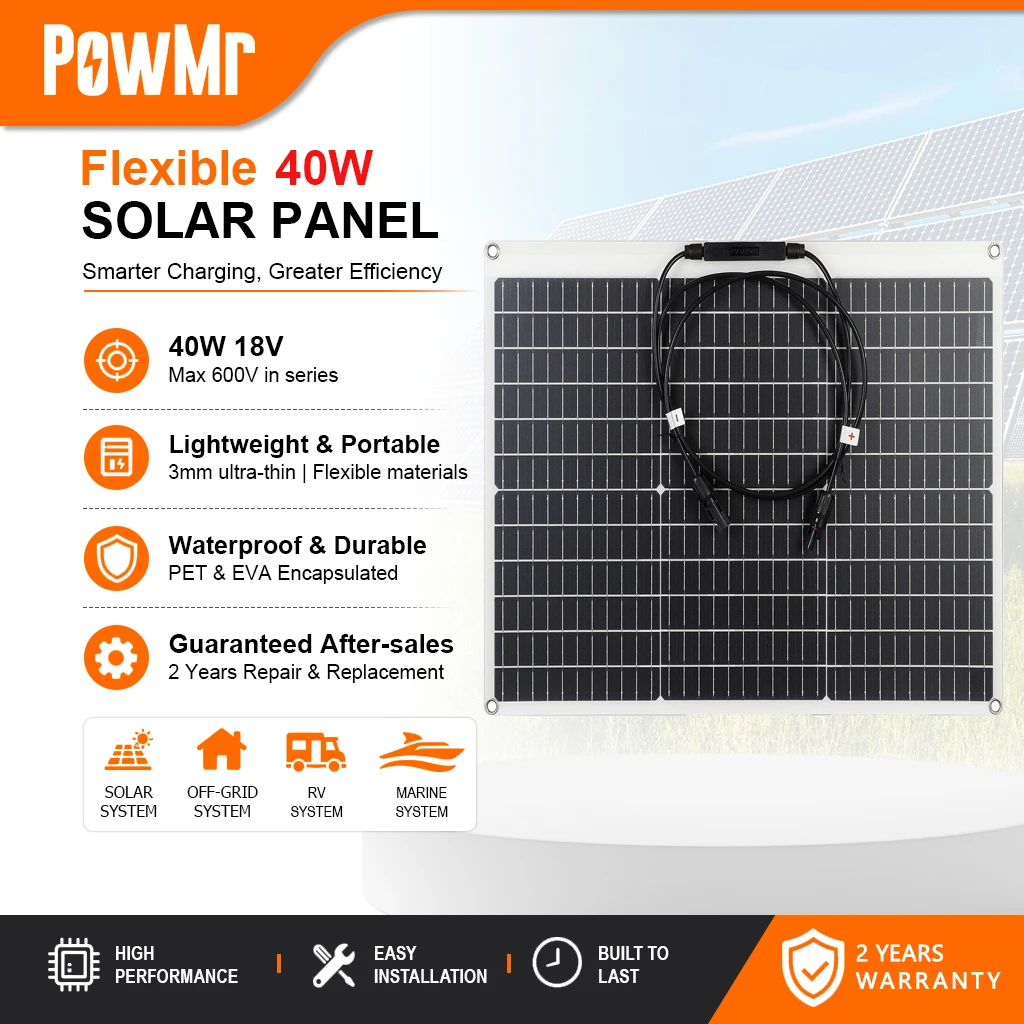 Elastyczny panel słoneczny monokrystaliczny PowMr 40W 18V ultra cienki lekki moduł PV wodoodporna ładowarka do kampera kempingu systemów słonecznych