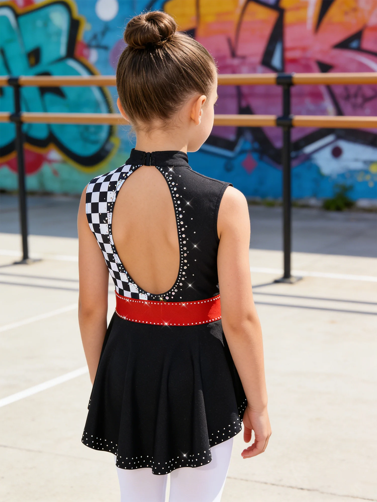 Girls Circus Ringmaster Costume Halloween Clown Bodysuit Sleeveless Rhinestones Ruffle Skirt Checkerboard Print Leotard Jumpsuit