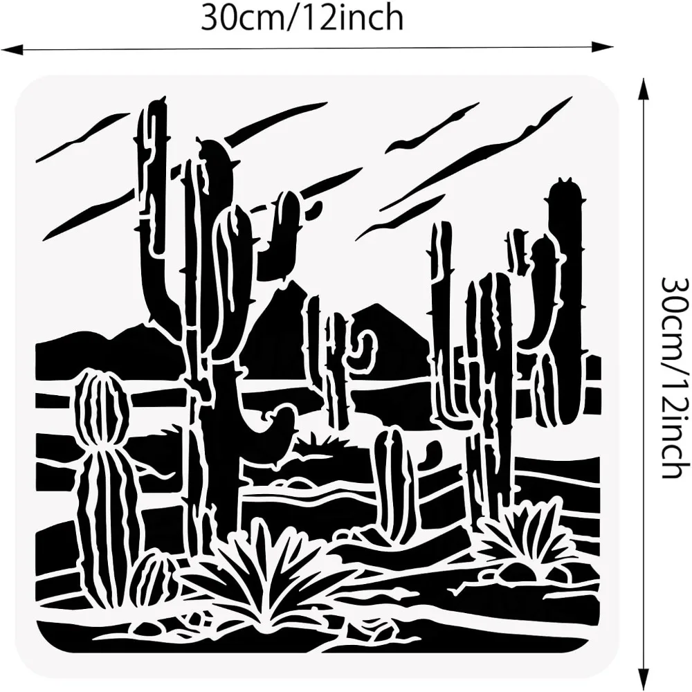 Desert Cactus Stencil, 12x12 Desert Landscape Pattern Drawing Templates for Scrapbooking, Fabric, Floor Furniture, Wall Art