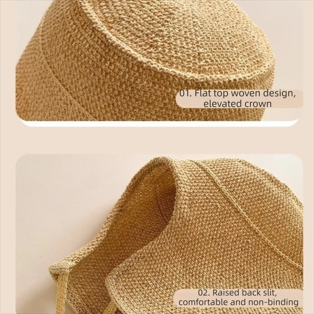 Big Wide Brim Linen Straw Bonnets Lace Up Closure Adjustable Straps Wide Brim Sun Hat Round Top Geometric Pattern Cloche Hat