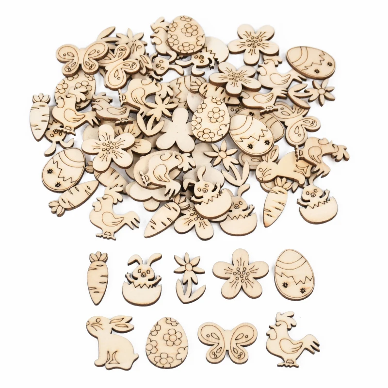 50/100 Stück Ostern Holzhandwerk Ornament Kaninchen Eier Kinder Malerei DIY Holzscheibe 2025, Frühling Ostern Party Home Tischdekoration – Detail 6