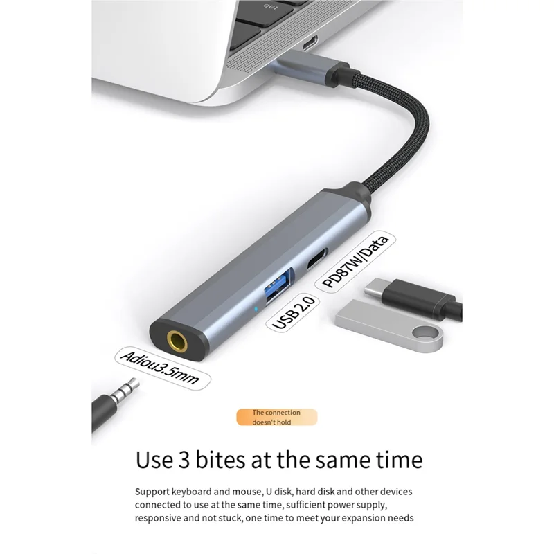

Док-станция для ноутбука USB C, концентратор типа C 3-в-1, USB2.0, PD 87 Вт, многопортовый адаптер аудио 3,5 мм для ноутбуков, телефонов