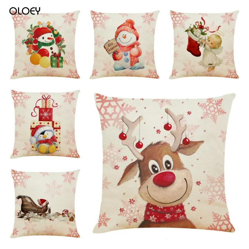 

Cute Cartoon Linen Christmas Santa Claus Elk Throw Pillow Case Cover 45x45cm Merry Christmas Decorative Pillowcases Decoration.