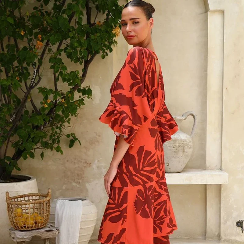 Flaxmaker 2025 뉴 여름 여성 섹시한 롱 드레스 프릴 Dolman 슬리브 프린트 드레스 Bandeau Blossom Print Sundress