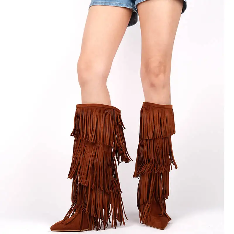 Onlymaker Women Pointed Toe Fringe Boots Comfy Pull On Mid Calf Thin Heel Pull-on Knee High Boots