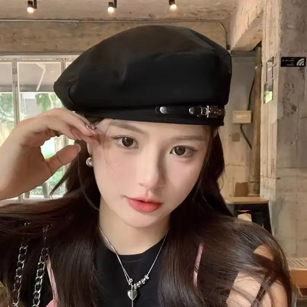 

Elegant Korean Style Vintage Beret Hat Big Head Circumference Solid Color Metal Buckle Octagonal Hat Y2k JK Painter Cap Girls