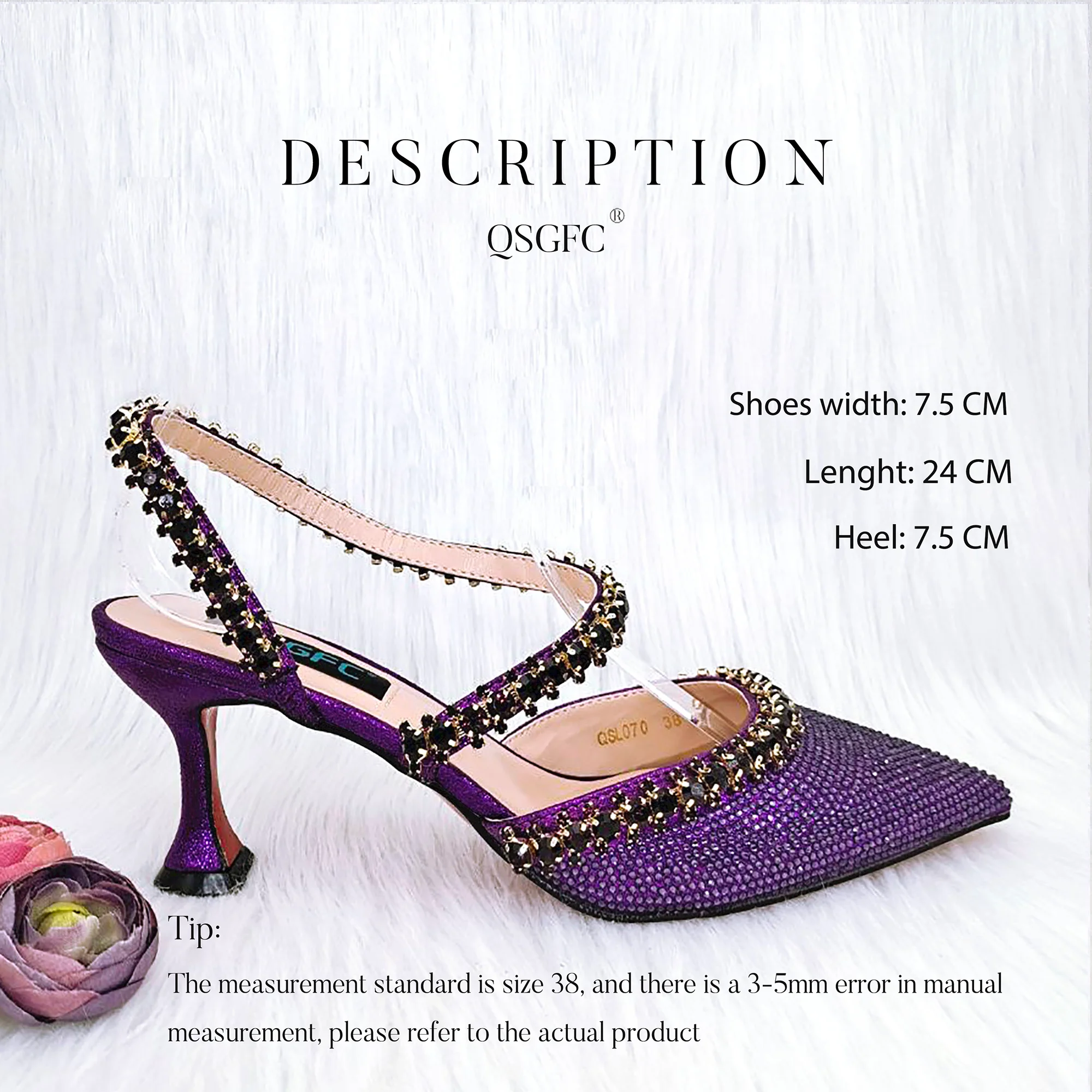 QSGFC-Purple Color Tone Diamond Chain Point Toe Pumps, Metal Chain Lock Tote Bag, Sophisticated Tassel Party Style, Trendy