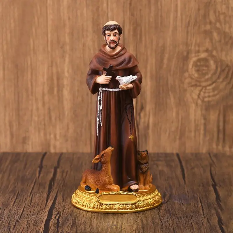 St Francis Statue Hand Painted Resin Statue Figurine With Doves Crosss Desktop Sculpture Ornament Christmas Gift Home Decoration