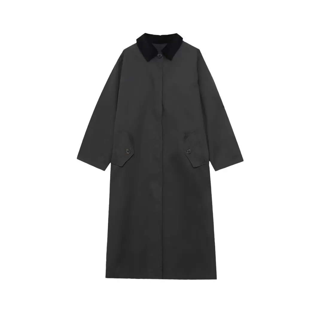 

Woman's Chic Corduroy Collar Waxed Trench Coat Lapel Long Sleeves Single-breasted Long Trench Coat New Female Fashion Outerwear