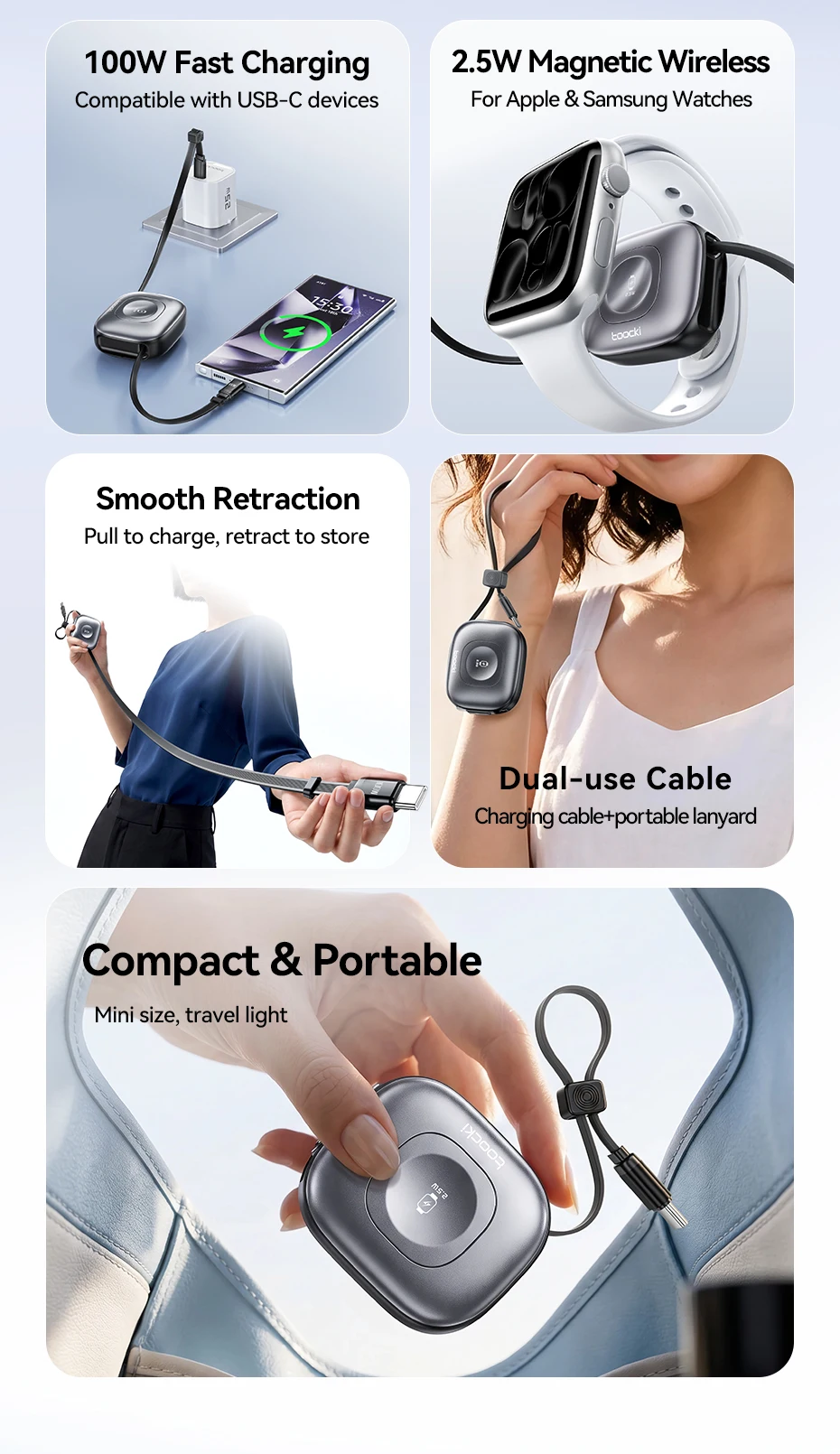 Toocki 2-in-1 ausziehbares Kabel PD100W USB-C Schnellladekabel + 2,5W kabelloses Uhren-Ladegerät für iPhone/Apple Watch Xiaomi Huawei – Detail 2