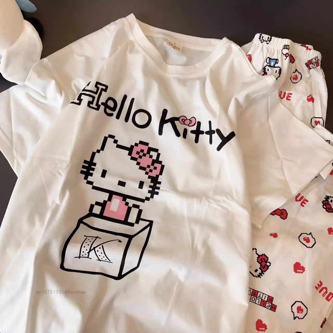 Sanrio Hello Kitty Pajamas for Women, Cute Cartoon Student, Round Neck, Short Sleeve, Long Pants, Home Set, Summer, Pixelated, 2