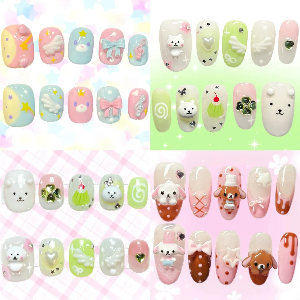 

Y2K Spice Girl Cartoon Rilakkuma Handmade Square Ellipse Fake Nails Kawaii Sunflower Diamond Hand-Drawn Bow Stars Press On Nails