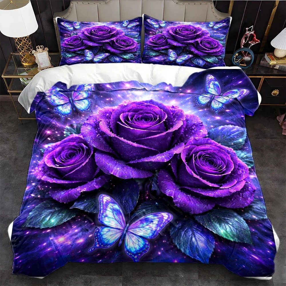3Pc Dreamy Purple Rose Blue Butterfly Duvet Cover Set, Three-Piece Bedding Set (1*Duvet Cover + 2*Pillowcases), Suitable for All Seasons, Machine Washable, Invisible Zipper Design, Large Double Bed Cover Set, Suitable for Home, Dormitory, Master Bedroom, Guest Room, Starry Sky Floral Butterfly Bedding, Soft and Skin-Friendly Bedroom Decor Set, Hot-Selling Plant and Butterfly Print Bedding 2D Flat Print