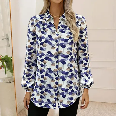Custom Design All Over Printing Printed Casual Blouse Long Sleeve Woman Top Loose Straight Hem Elegant Shirt Daily Wearing S-2XL