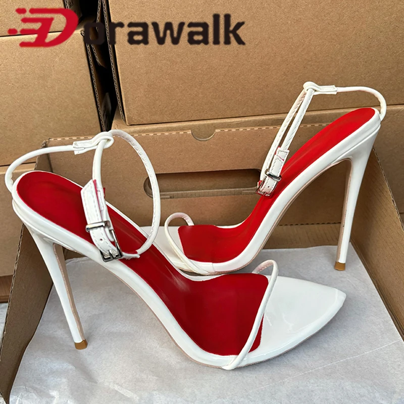 

Summer Hot Woman Sexy White Red Inside Dress 12cm Sandal Ankle Strap High Heels Pointed Toe Elegant Ladies Dress OL Shoes